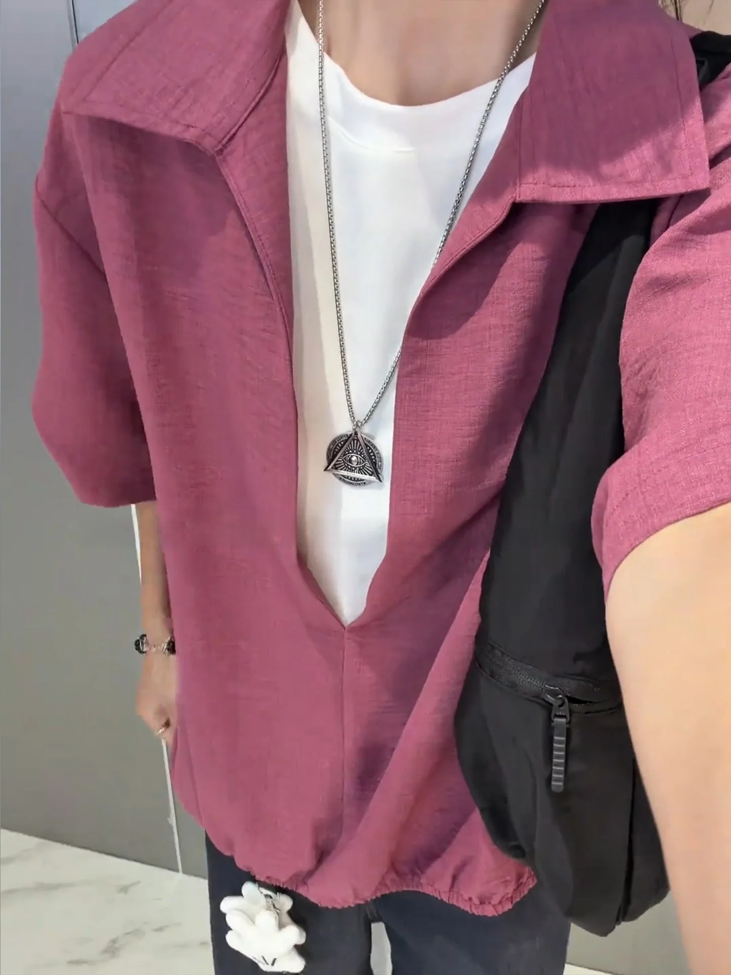 Lightweight Short Sleeve V-Neck Linen-Like Men's Shirt Couple's Matching Outerwear Waist-Cinching UV Protection Shirt