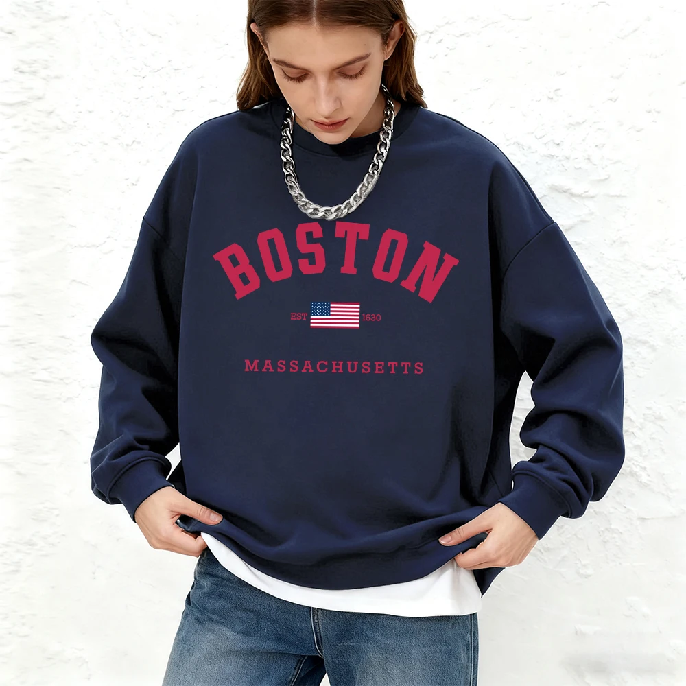 بوسطن ماساتشوستس يطبع بلوزات النساء الشتاء المتضخم هوديي الرياضة Crewneck الدافئة الركض البلوز أساسيات ملابس امرأة #1
