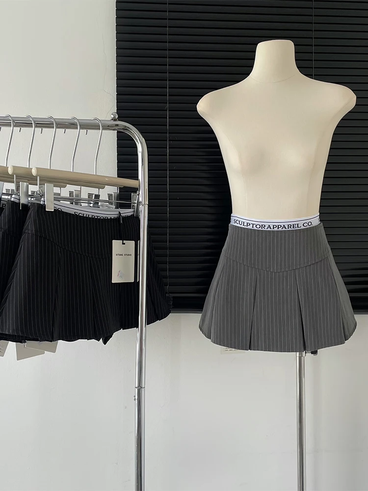 2023 New Women Patchwork Design Mini Skirts Classic Vintage Striped Female A-line High Waist Y2K Pleated Skirts Preppy Style