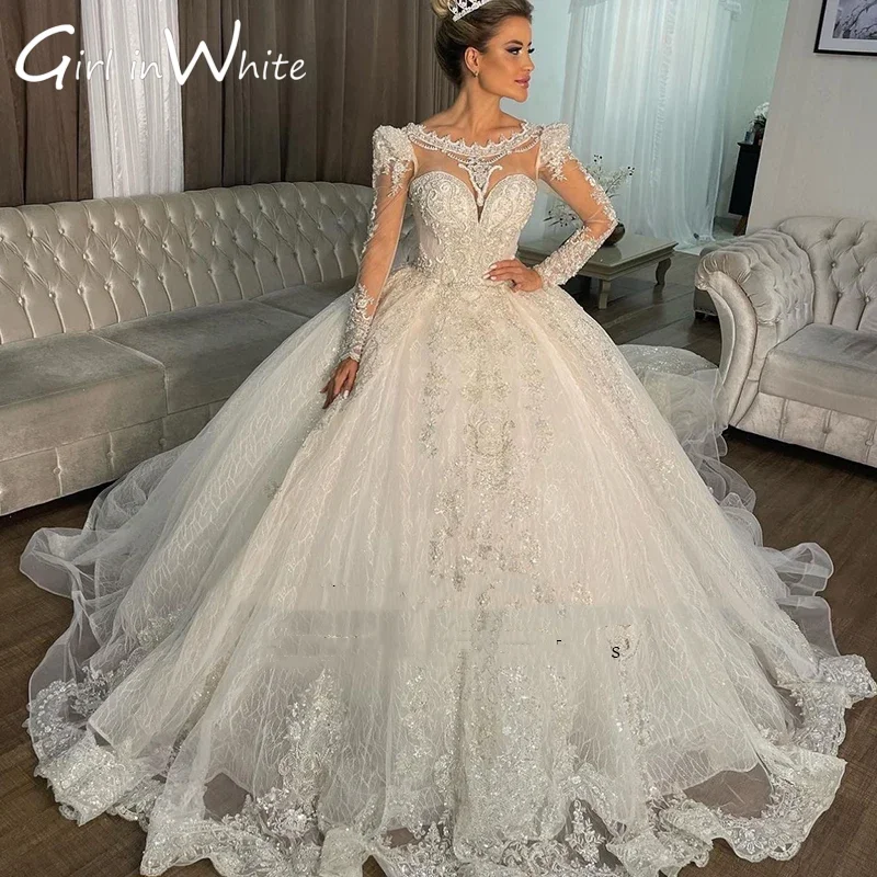 Klassisches rückenfreies Brautkleid mit O-Ausschnitt und langen Ärmeln, Applikation, Prinzessin, A-Linie, individueller Aufkleber, herzförmiges Strand-Brautkleid