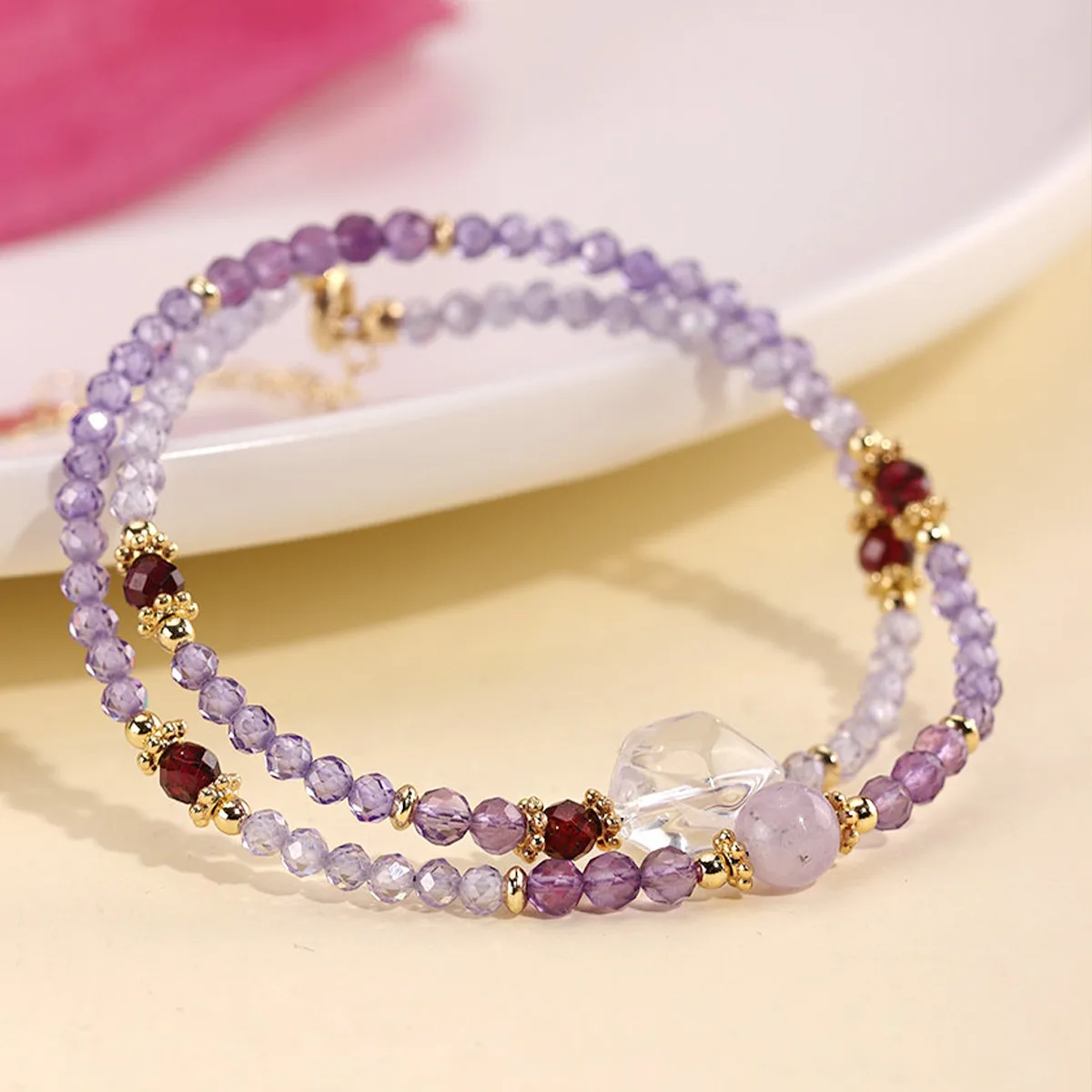 Chinese Amethyst Beaded Double Circle Bracelet Niche Advanced Sense Green Hair Crystal Zircon HandString Original Design Jewelry
