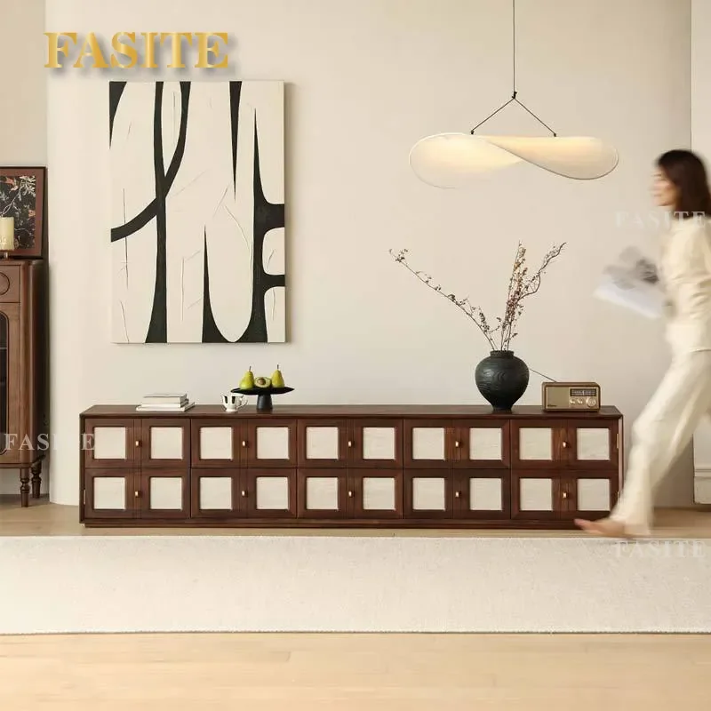 for North American Black Walnut Medieval Solid Wood TV Cabinet Retro Rock Slab Multi Grid Floor Audio Visual Side
