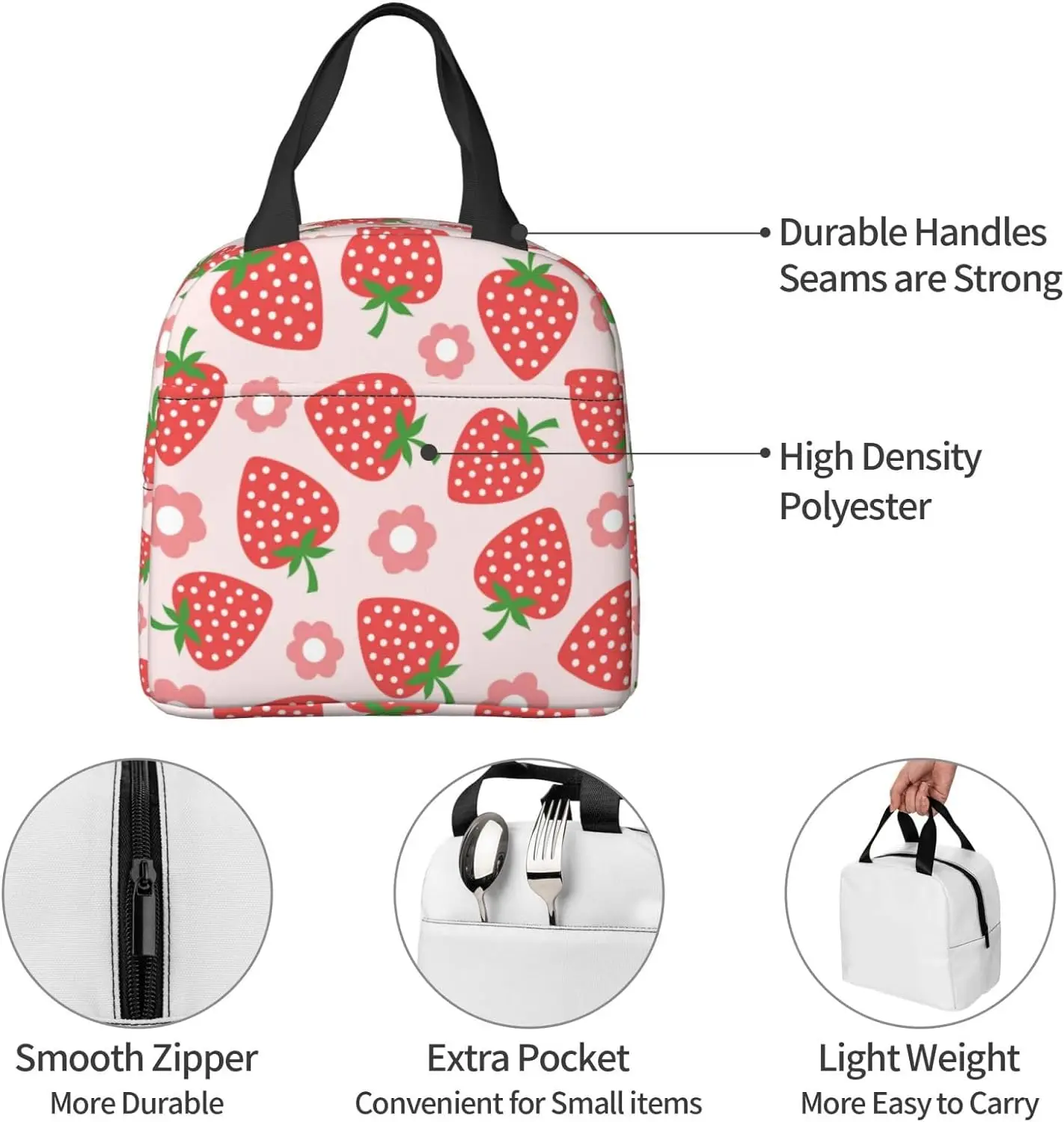 Pink Strawberry Cute Flower Insulated Lunch Bag For Men Women Reusable Lunch Box Container Waterproof Portable Cooler Thermal