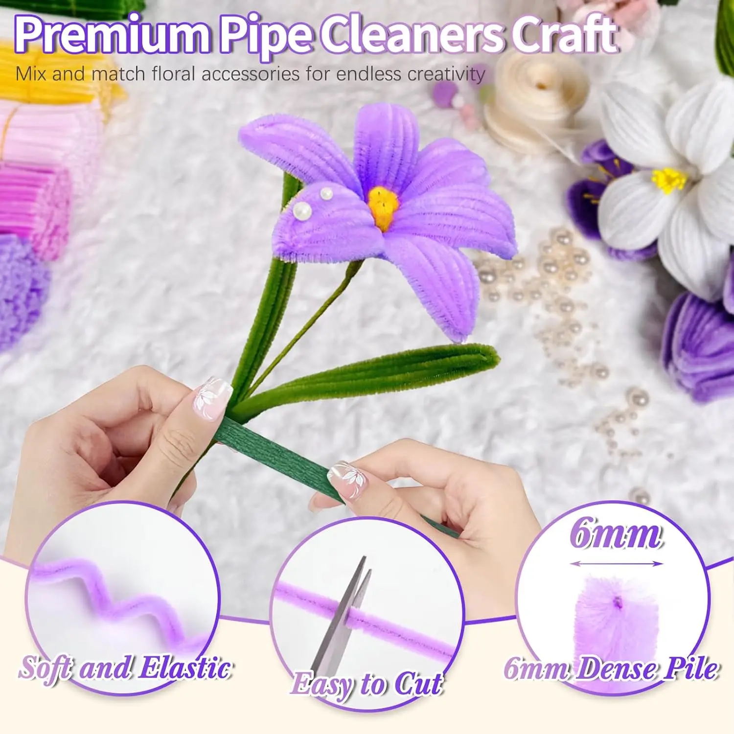 500 Pcs Pipe Cleaners Flower kit, 20pcs Green Floral Wires, 1pc Gardening Tape, 150pcs Stamen, Pipe Cleaners Craft view 4