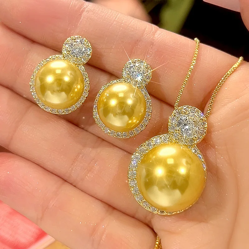 

Jewelry set with gold-plated inlay and gold pearls, elegant round design for women, 16-12mm