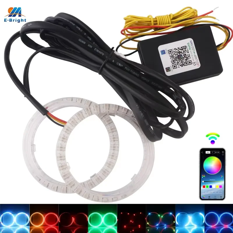 2PCS LED Halo Rings for Car Headlight 12V APP Angel Eyes Turn Signal Flowing 210 Modes 3535 Chips Mul-ti Color 80mm 90mm