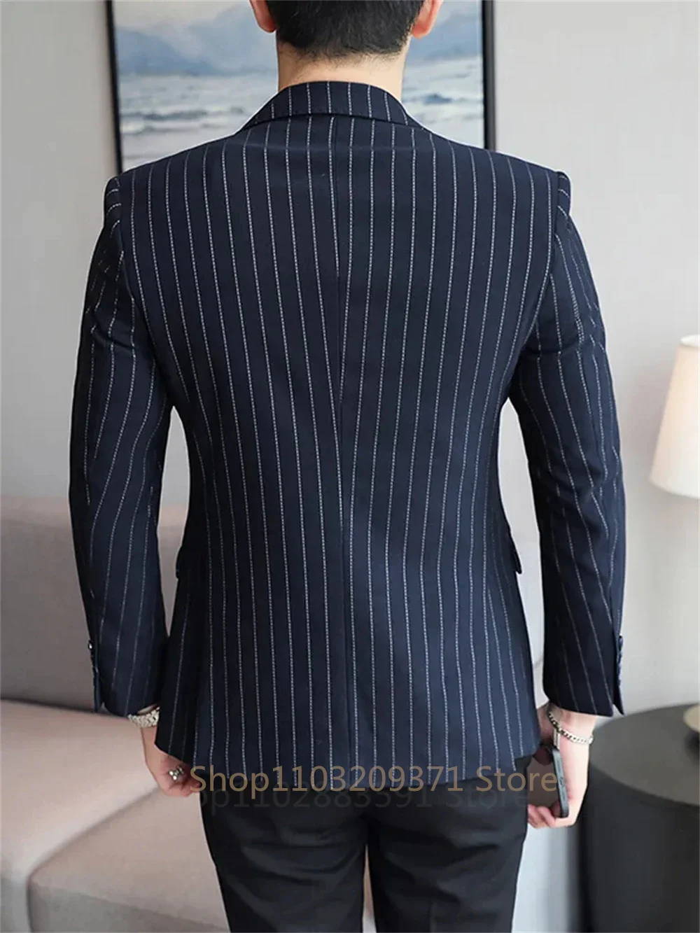 Autumn Style Suits Double-breasted Slim Men\'s Suits Striped Business Professional Casual Formal 1 Piece Blazer Groom Wedding