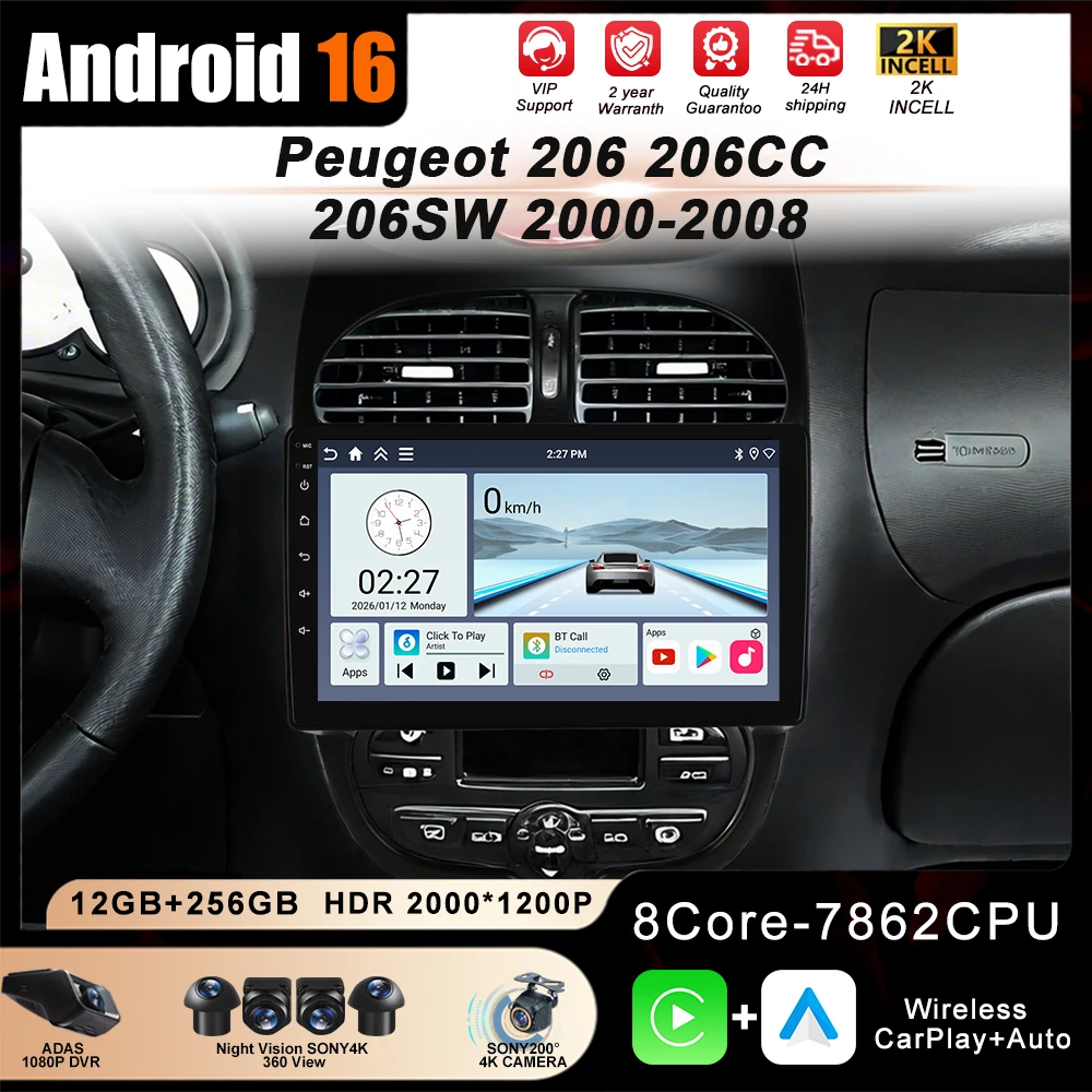 

Android 16 for Peugeot 206 206CC 206SW 2001-2008 Din Car Radio Multimedia Player Carplay Auto Stereo DVD Wifi Head Unit Audio