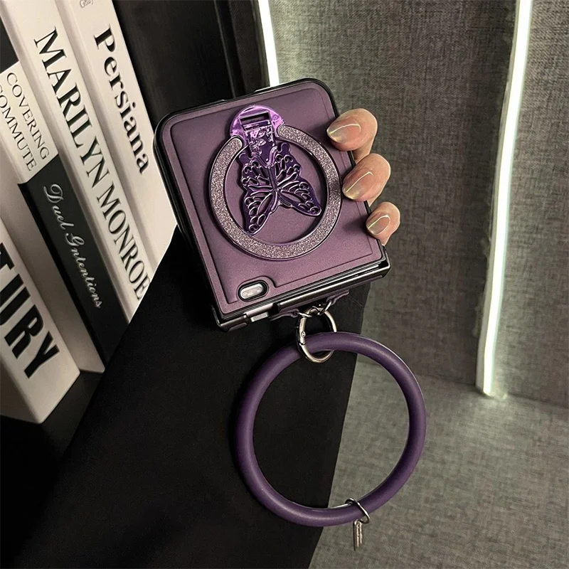 Luxury Dark Purple Leather Phone Case For Honor Magic V Flip / Magic V Flip 2 Cases &Glitter Butterfly Kickstand&Round Hand Ring