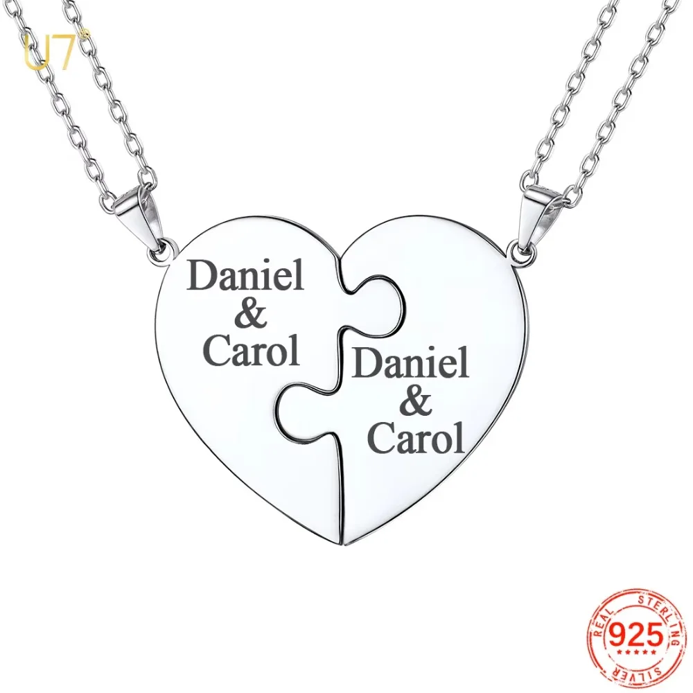 U7 925 Silver Heart Puzzle Necklaces 2/3/4pcs Set for Women Man Engraved Pendant Custom BFF Lovers Couple Family Jewelry