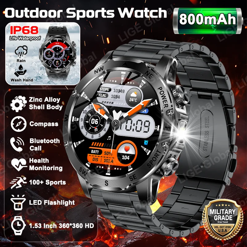 

Смарт-часы LIGE 2026 для взрослых мужчин с аккумулятором 800 мАч, компасом, Bluetooth-вызовами, водонепроницаемостью IP68 и экраном 1,53 дюйма, спортивные смарт-часы