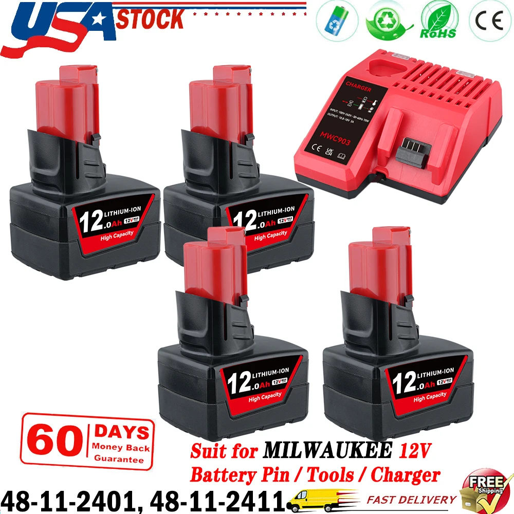 

1/2/4Pcs 12.0Ah M12 Replace for Milwaukee 12V 48-11-2410 48-11-2420 48-11-2411 48-11-2401 Li-on Battery Pin,and M12-18C Charger