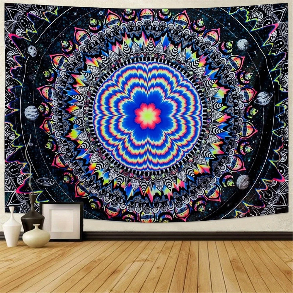 1pc  Trippy Mandala Blacklight Tapestry, UV Reactive Glow in Dark Psychedelic Space Floral Wall Hanging for Bedroom Living