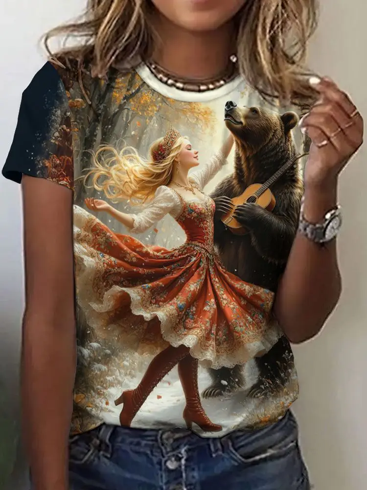 Russian Girl T-Shirts Floral 3D Print Summer Women Casual Round Neck Short Sleeve T Shirt Tees Harajuku Y2K Tops Female Clothing