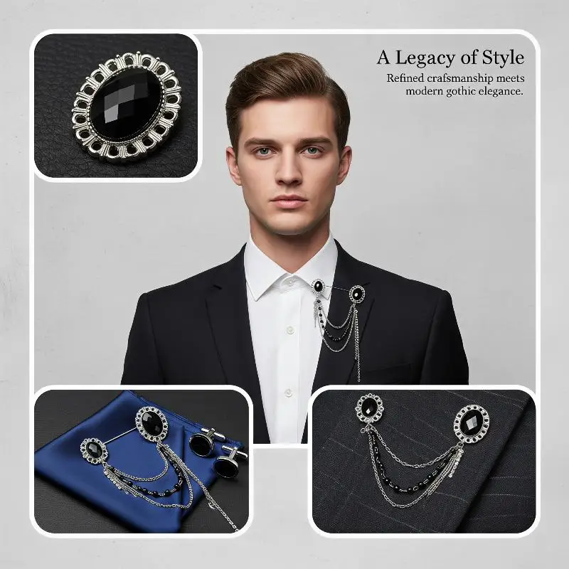Double Chain Crystal Lapel Pin Premium British Style Brooch Elegant Suit Badge for Anniversary Party Wear Accessory