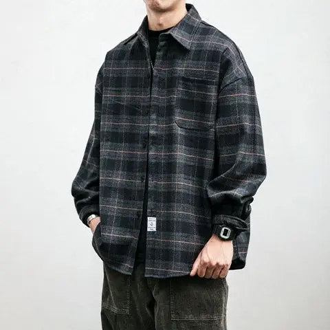 

Spring and Autumn retro brushed plaid shirt men's youth workwear long-sleeved trendy loose woolen shirt casual jacket trendy
