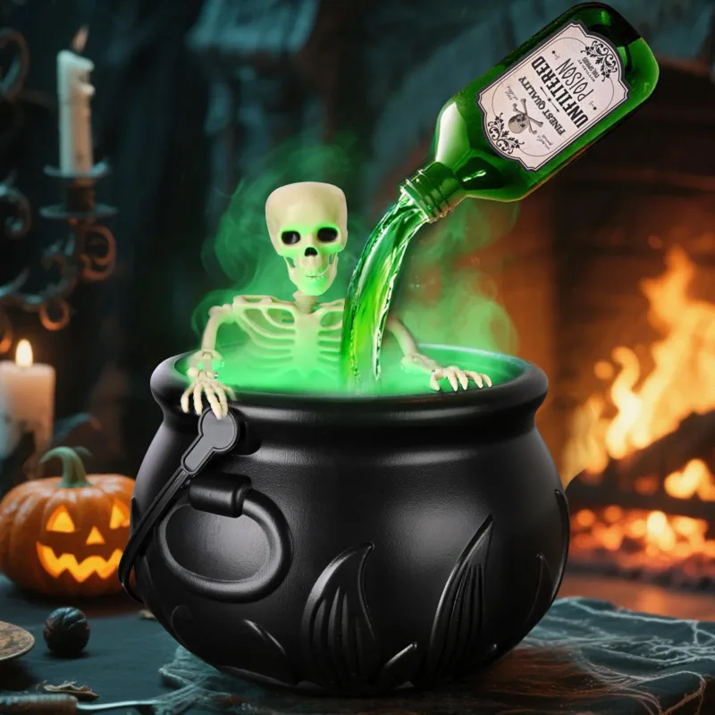 

New Halloween WitchCauldron With LED Light & Fog Mist Maker Skeleton Decor For Spooky Hocus Pocus Party, Home, Halloween Party