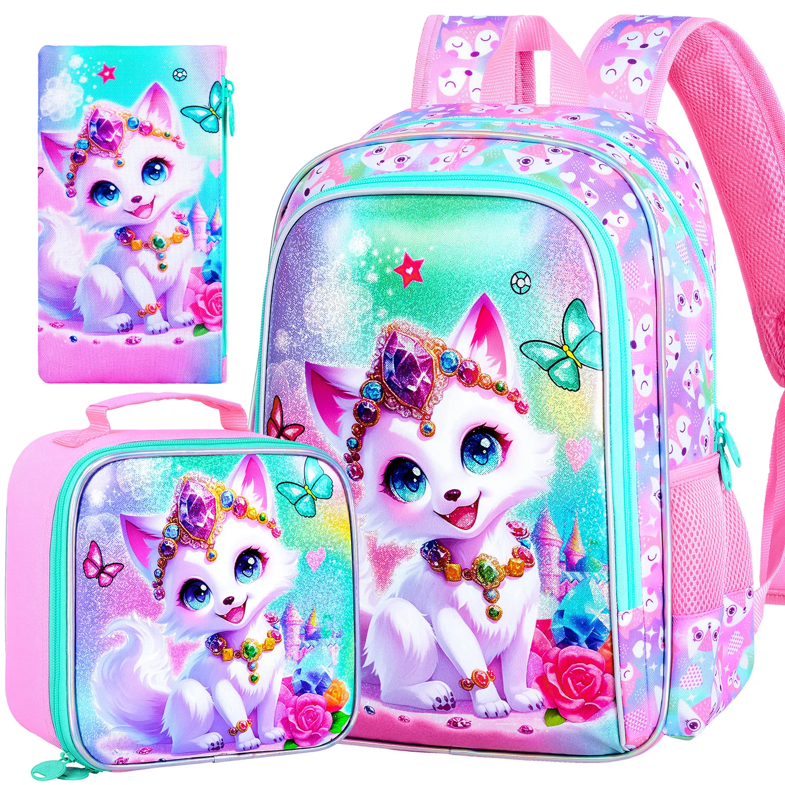 

16" Backpack for Girls, 3Pcs Fox Kids Bookbag with Lunch Box，School Backpacks for Elementary Preschool Kindergarten (Pink)