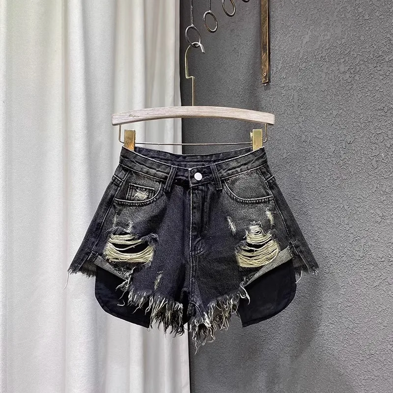 Summer 2025 High Waisted Denim Shorts for Women with Holes Retro A-line Hot Pants Jeans Booty Shorts