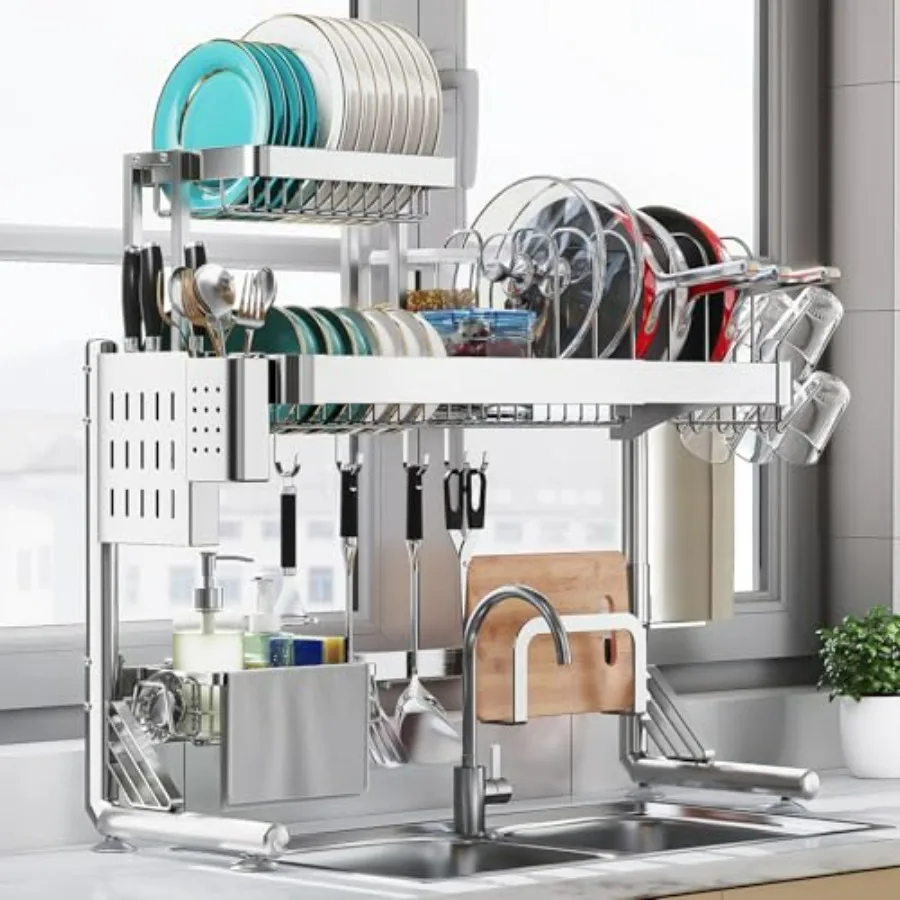 

Сушилка для посуды над раковиной, 2,5-уровневая, из нержавеющей стали 304, регулируемая по длине, с подставкой для кастрюль и сковородок, современный органайзер для кухонной столешницы