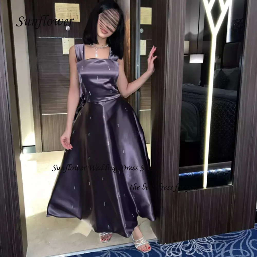 

Sunflower Square Collar A-LINE Formal Evening Dress 2023 Slim Appliques Satin Sleeveless Ankle-Length High-end Custom Prom Gowns