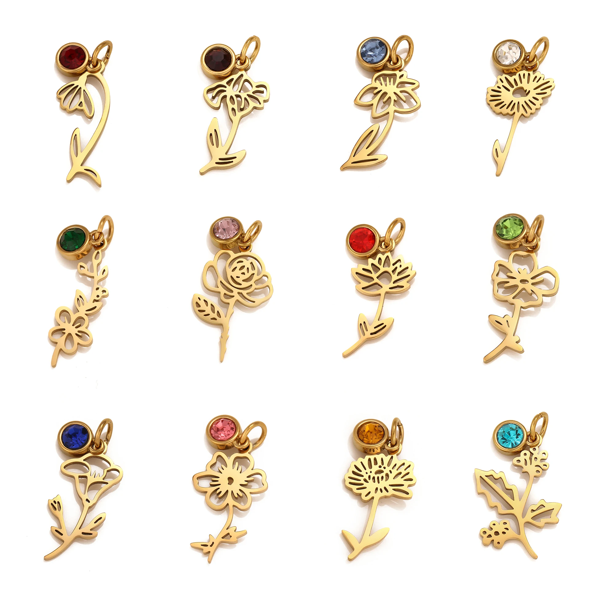 5Pcs Birth Month Floral Birthstone Charm Stainless Steel Birthday Flower Pendant DIY Necklaces Bracelet Jewelry Making for Women