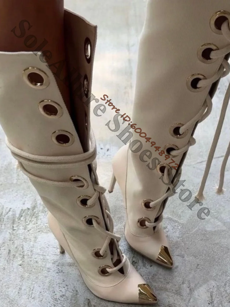 Cream Metal Point Toe Mid Calf Stiletto Boots Large Gold Eyelet Front Lace Up Fringe Back Booties Vintage Western Cowgirl Boots