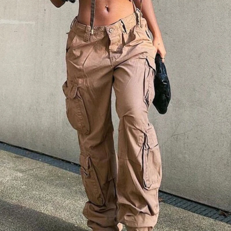 HYRAX Trousers Female American Street Handsome Pockets Retro Solid Color High Waist Motion Personality Straight Overalls