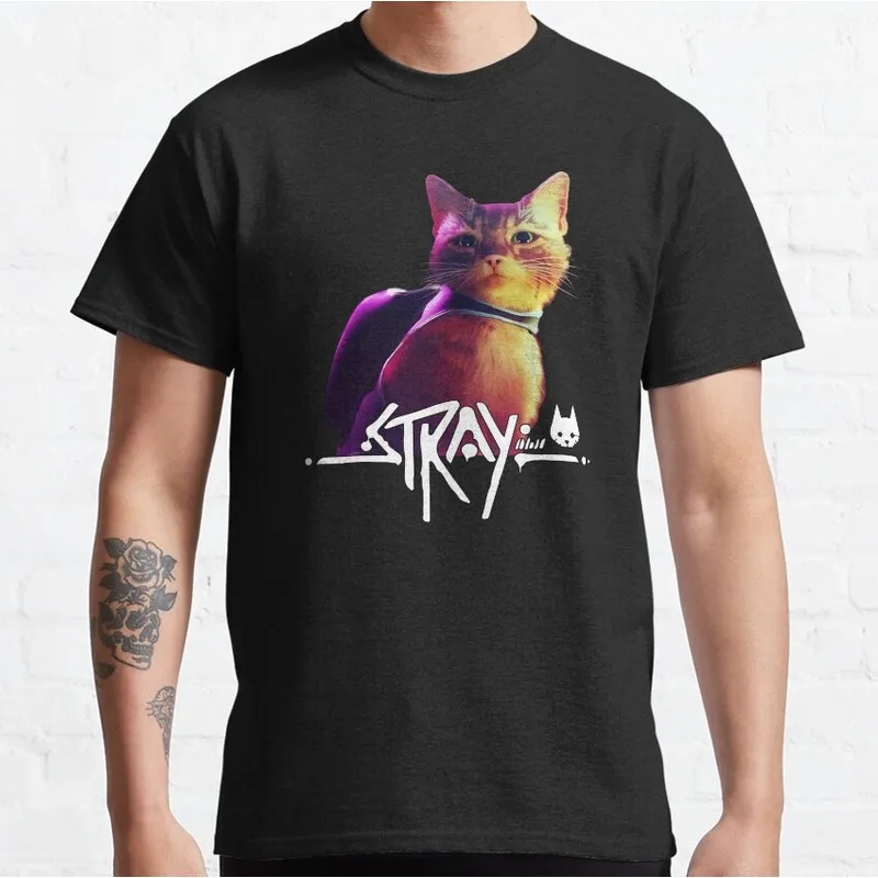 Stray Video Game Cat Graphic T‑Shirt O‑Neck Short Sleeve Unisex Tees Cyberpunk Stray Cat Print Casual Streetwear For Gamer Fans