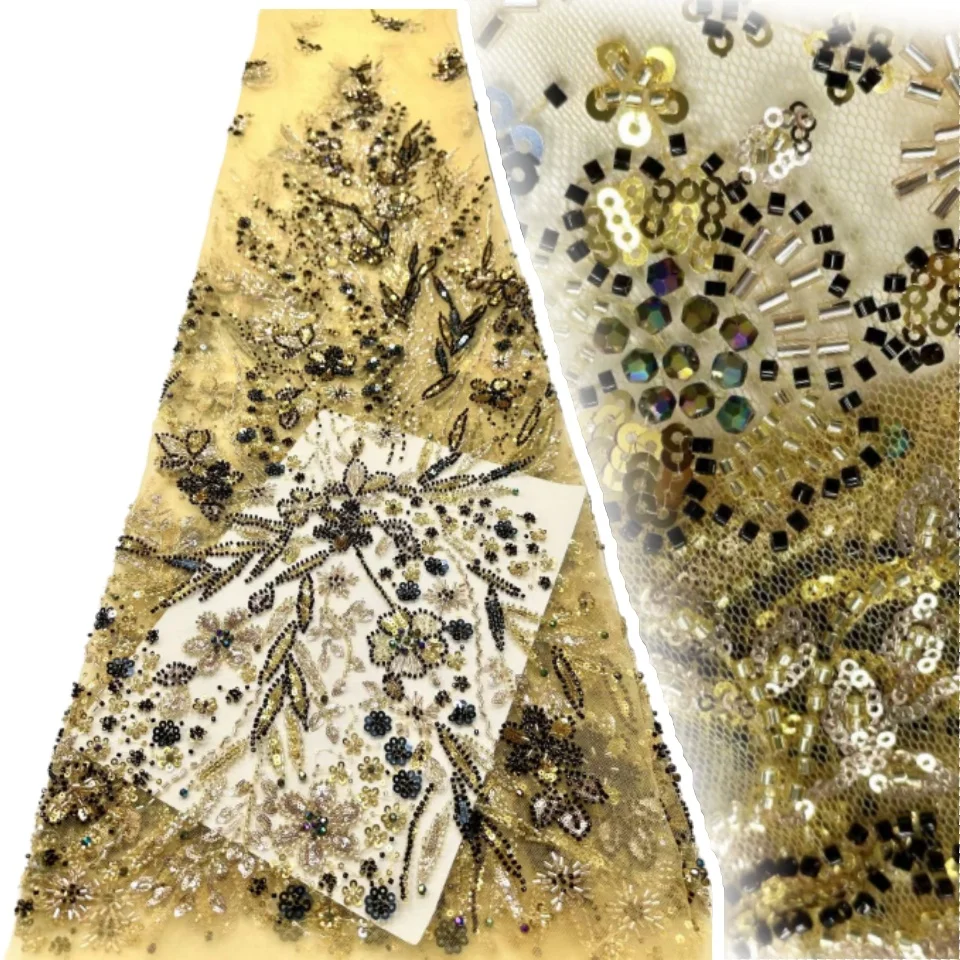 

2025 African Colorful Beads Lace with Sequins African Lace Fabric High Quality 5 Yards Nigerian French Tulle for Wedding CC1328