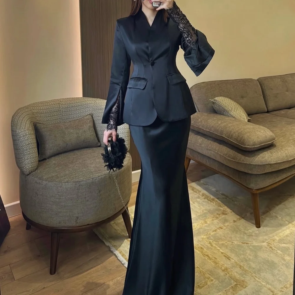 

Customized Formal High Quality Charmeuse Lace Button Ruched Mermaid V-neck Long Dresses Bespoke Occasion Dresses Sizes Available