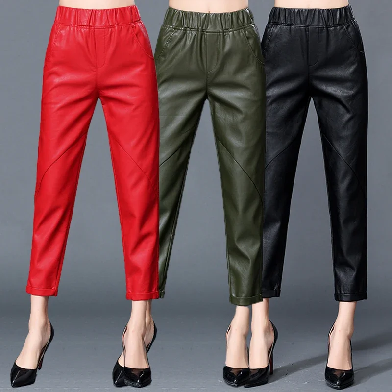 Pantalones de cuero para mujer, pantalón de cintura alta, nueve pies de piel de oveja, holgado, harem de ocio, otoño e invierno, novedad de 2020