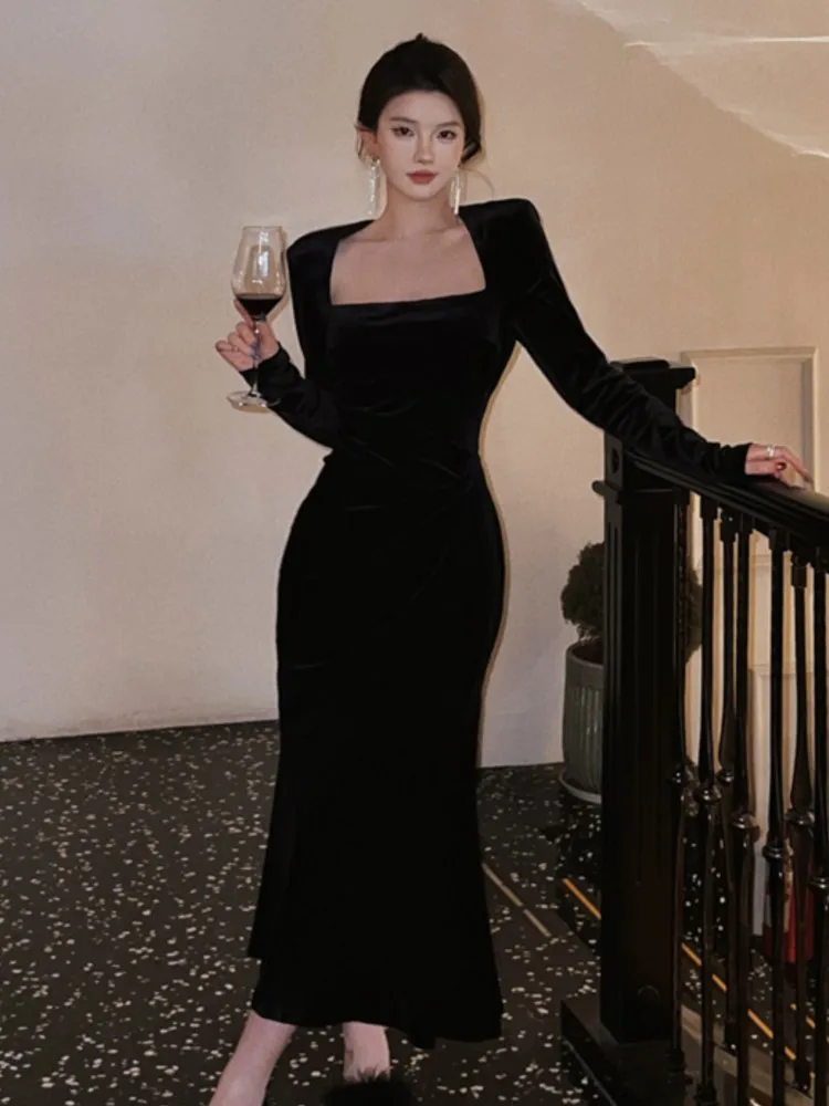 

Elegant Solid Velvet Mermaid Dress for Women New Vintage Chic Square Collar Bodycon Evening Party Dresses Female Slim Vestidos
