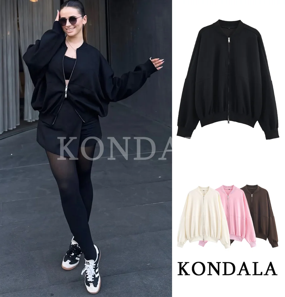 

KONDALA Loose Double Zipper Pilot Jacket Women Trendy Cool O-Neck Bomber Jacket 2026 Spring Fashion High Street Casual Jacket