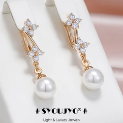 SYOUJYO Shiny Natural Zircon Pearl Long Dangle Earrings For Women Luxury 585 Rose Gold Color Fine Jewelry Gift