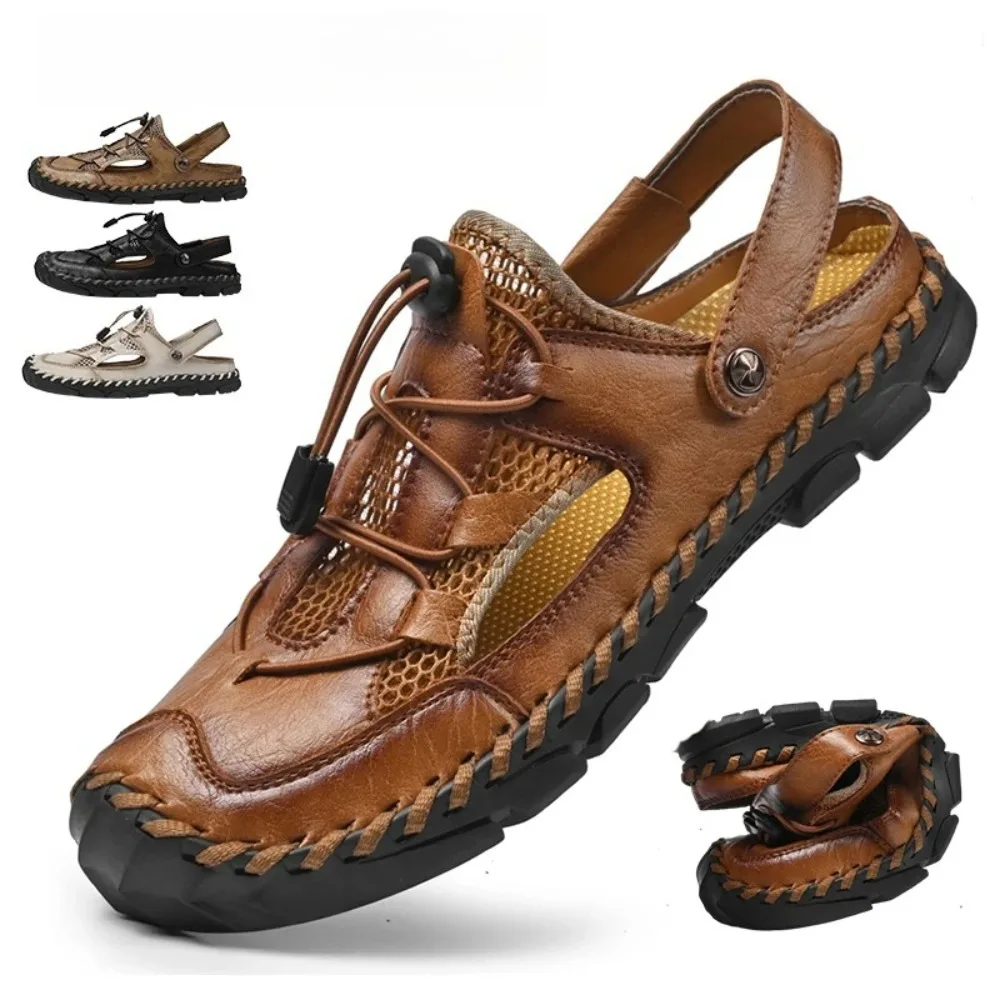 

Мужские летние сандалии LETCOMFIT из кожи, классические, с перфорацией, в римском стиле, 2025, шлепанцы, уличные кроссовки, обувь для пляжа, воды и треккинга