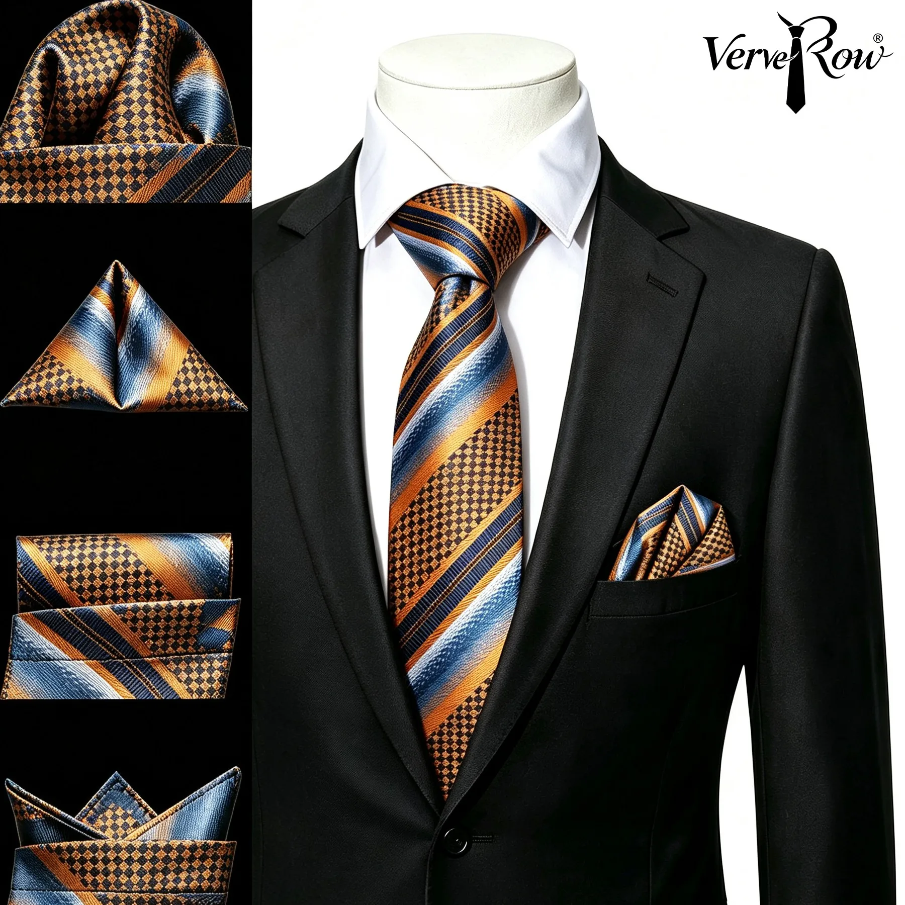 VERVEROW Multi Tone Grid Striped Necktie with Matching Pocket Square Men Formal Dress Tie Handkerchief Accessory for Banquet