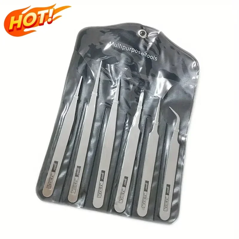 6pcs Stainless Steel Tweezers Repair Tool Industrial Precision Bent Straight Tweezers Repair Tool