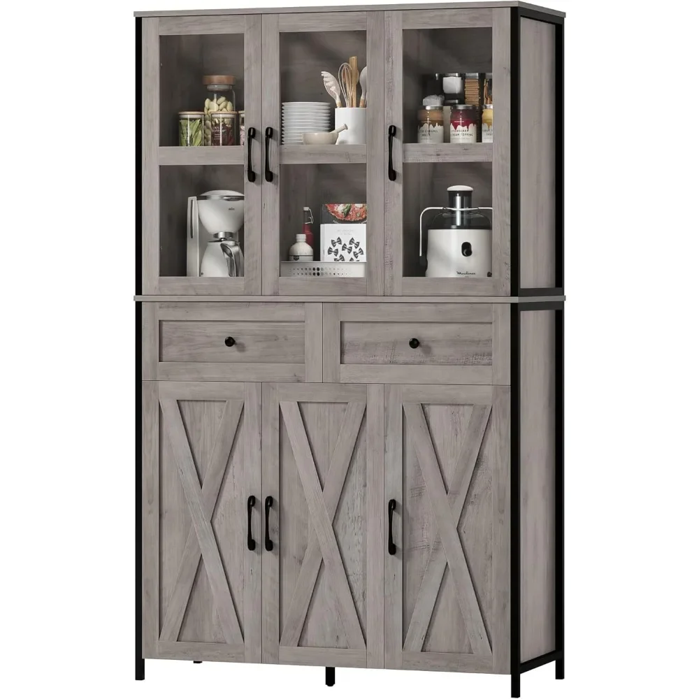 Kitchen Pantry, 2 Drawers and 6 Doors, Kitchen Hunch with Adjustable Shelves for Dining Living Room, Living Room, Cabinet