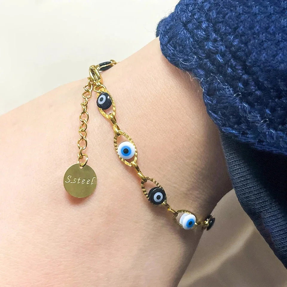 May@RZ Pulsera turca de acero inoxidable con diseño de ojo turco para hombres y mujeres, joyería elegante chapada en oro de 14 quilates, pulsera de uso diario