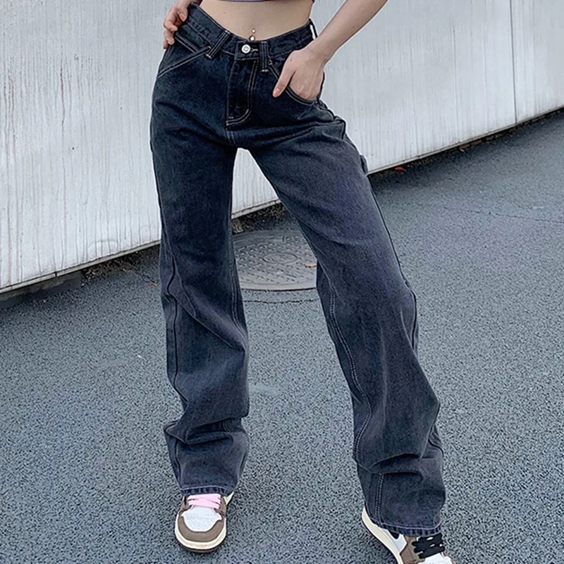 

2023 Autumn New Pants Straight Personality Mopping Pants Fashion Ins High Waist Street Trend Cool Denim Trousers Women's Pants