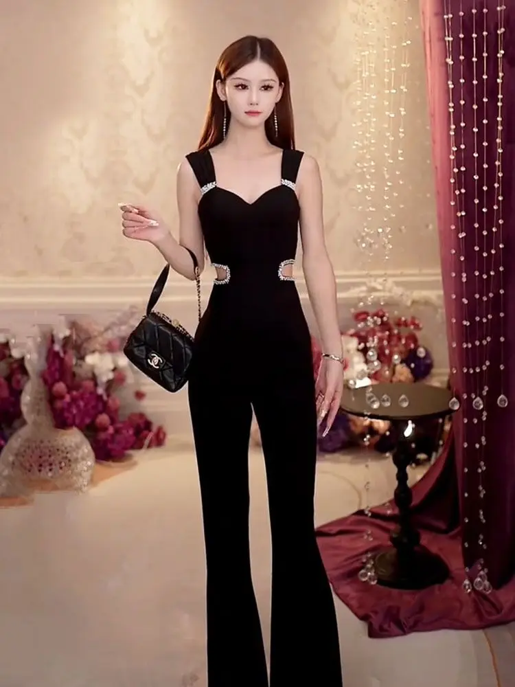 

Женский комбинезон Ele Bla с вырезами и бретелями, с высокой талией, длинными брюками, украшенный стразами, из костюмной ткани, лето 2026