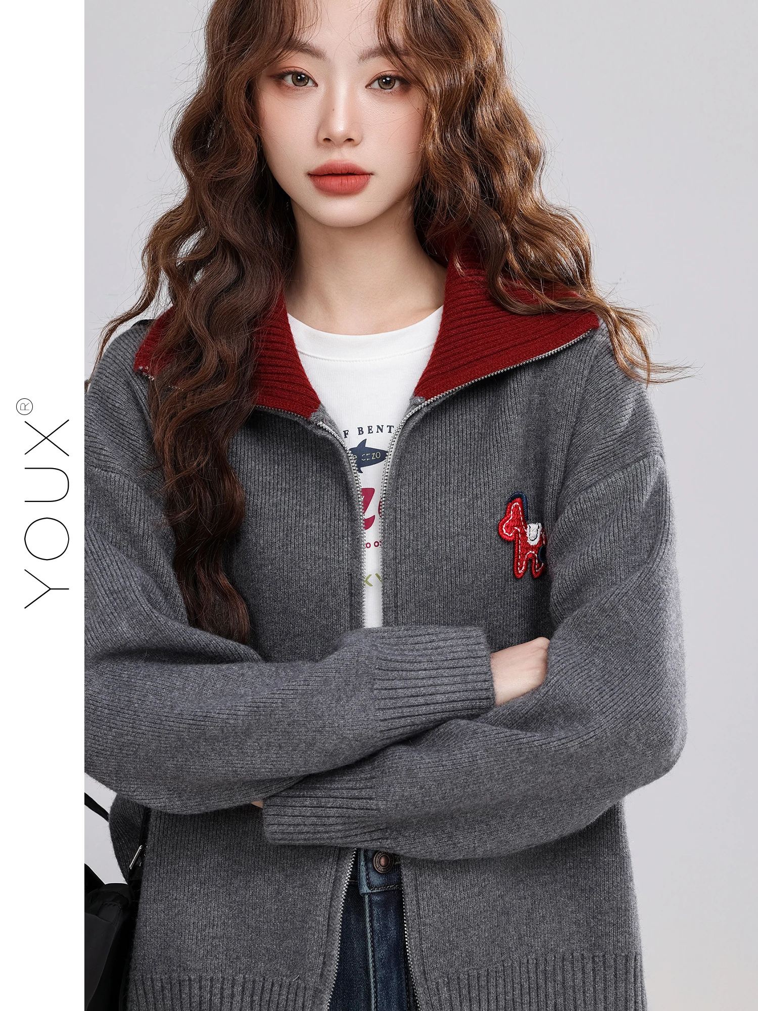 

Red Soft Velvet Patchwork Knitted Sweater Embroidered Versatile Winter Long Sve Loose Fit Casual Women's Top