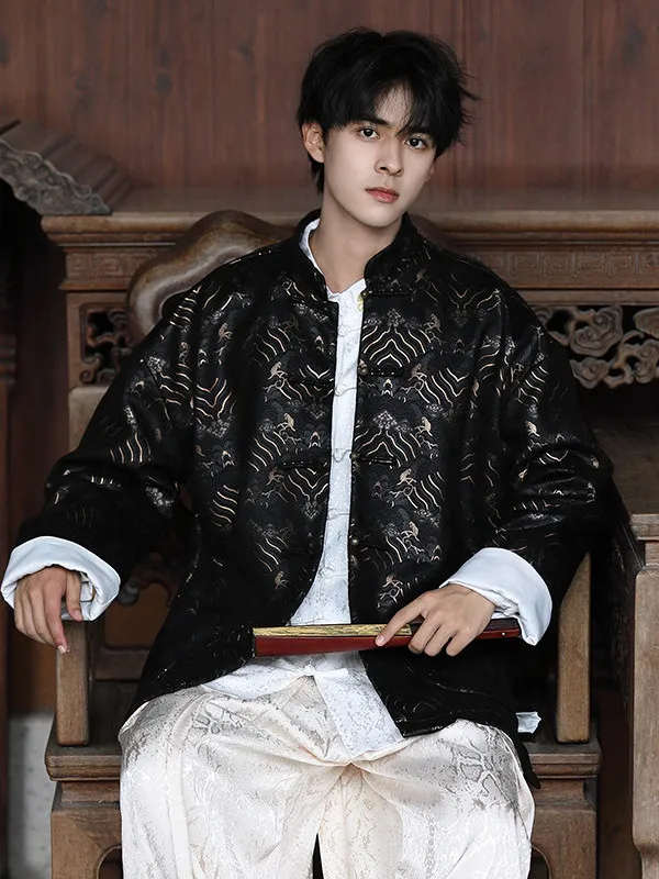 

Unique New Chinese Sle Men's Silk Jaet Couple's Wave Pattern Stand Collar Outerwear Stand Fit Long Sve Autumn Winter