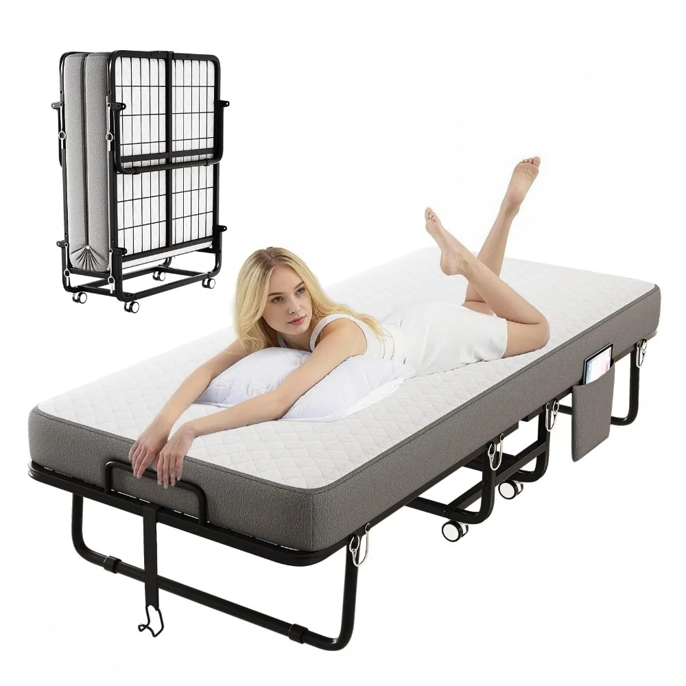 Folding Bed with Mattress, 75" × 31" Memory Mattress Portable Folding Guest Bed, Metal Frame Luxury Single Bed