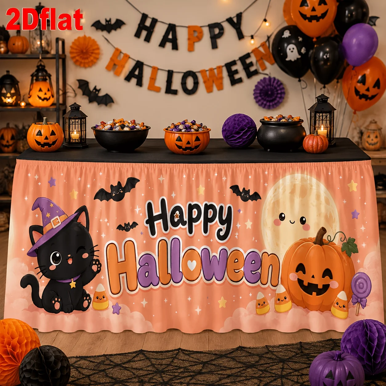 One piece. Suitable for Halloween tablecloth. Features cute black cat, witch hat, pumpkin, bat, and moon.zyc
