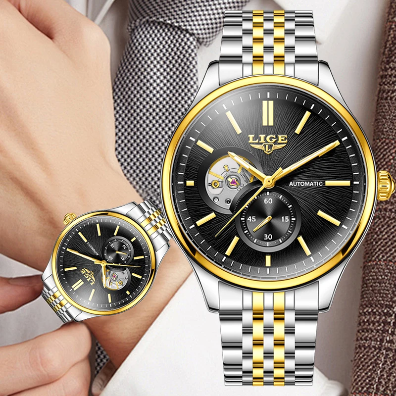 

LIGE NEW TOP Men's watches luxury Mechanical Watch Fashion Business Luminous clock Stainless Steel Waterproof watches for men