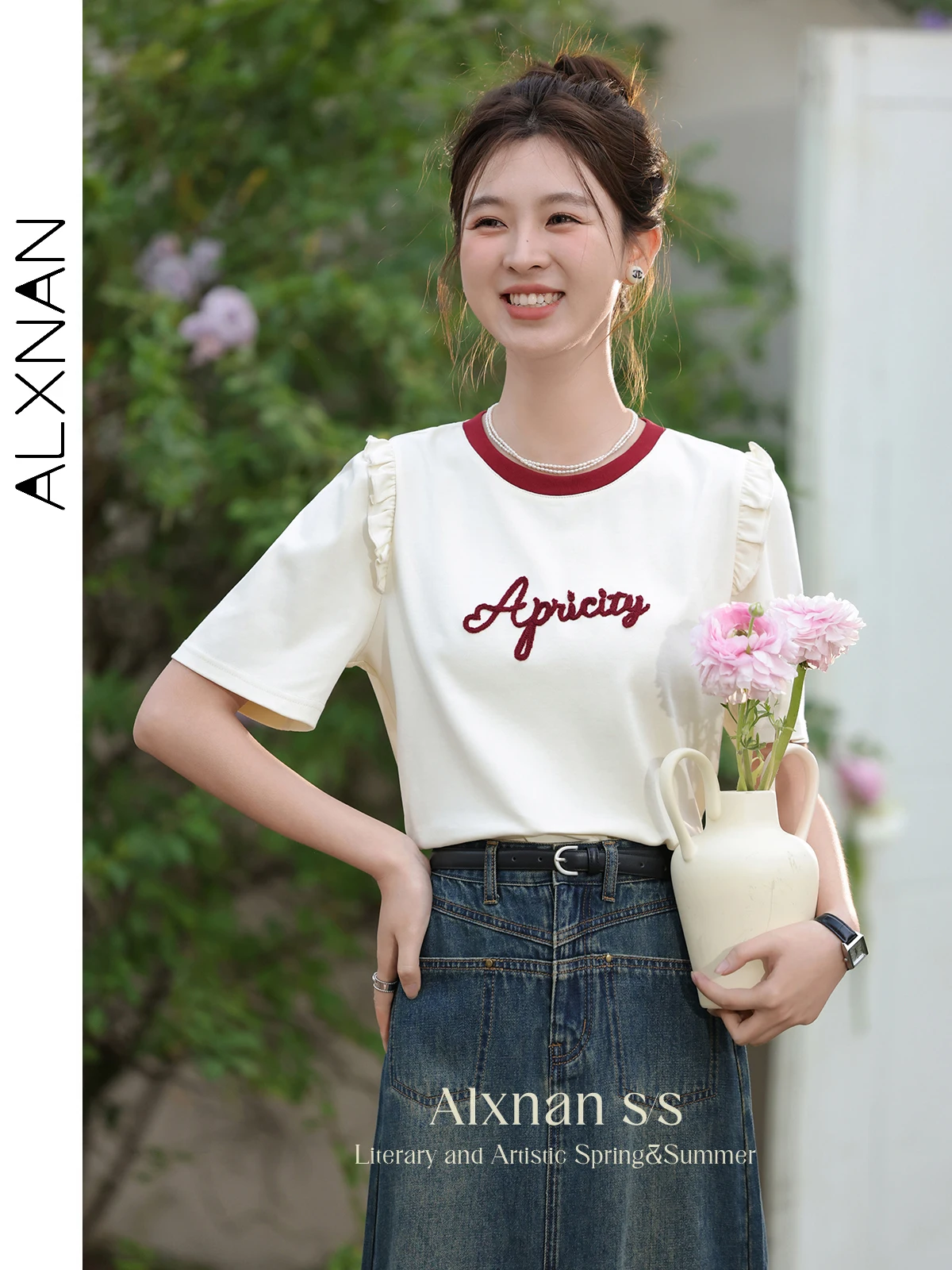 

ALXNAN Round Neck Letter Embroidery T-shirt 2024 Summer Casual Apricot Loose Pullovers Tees Short Sleeve Tops for Woman L33860