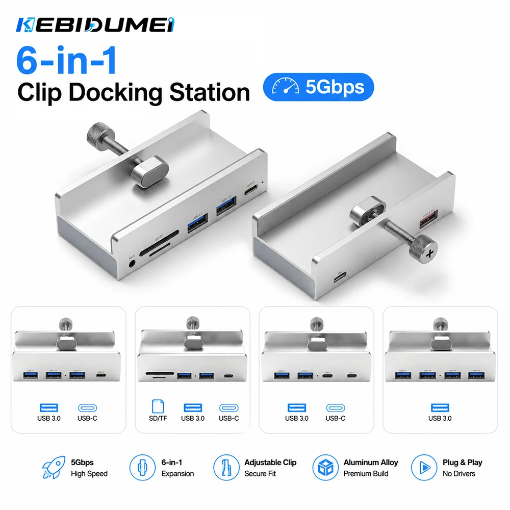 KEBIDUMEI 6 in 1 Clip Docking Station USB 3.0 Hub 5Gbps Type-C to USB 3.0 Type C SD TF 3.5mm Multi Splitter for Laptop Macbook