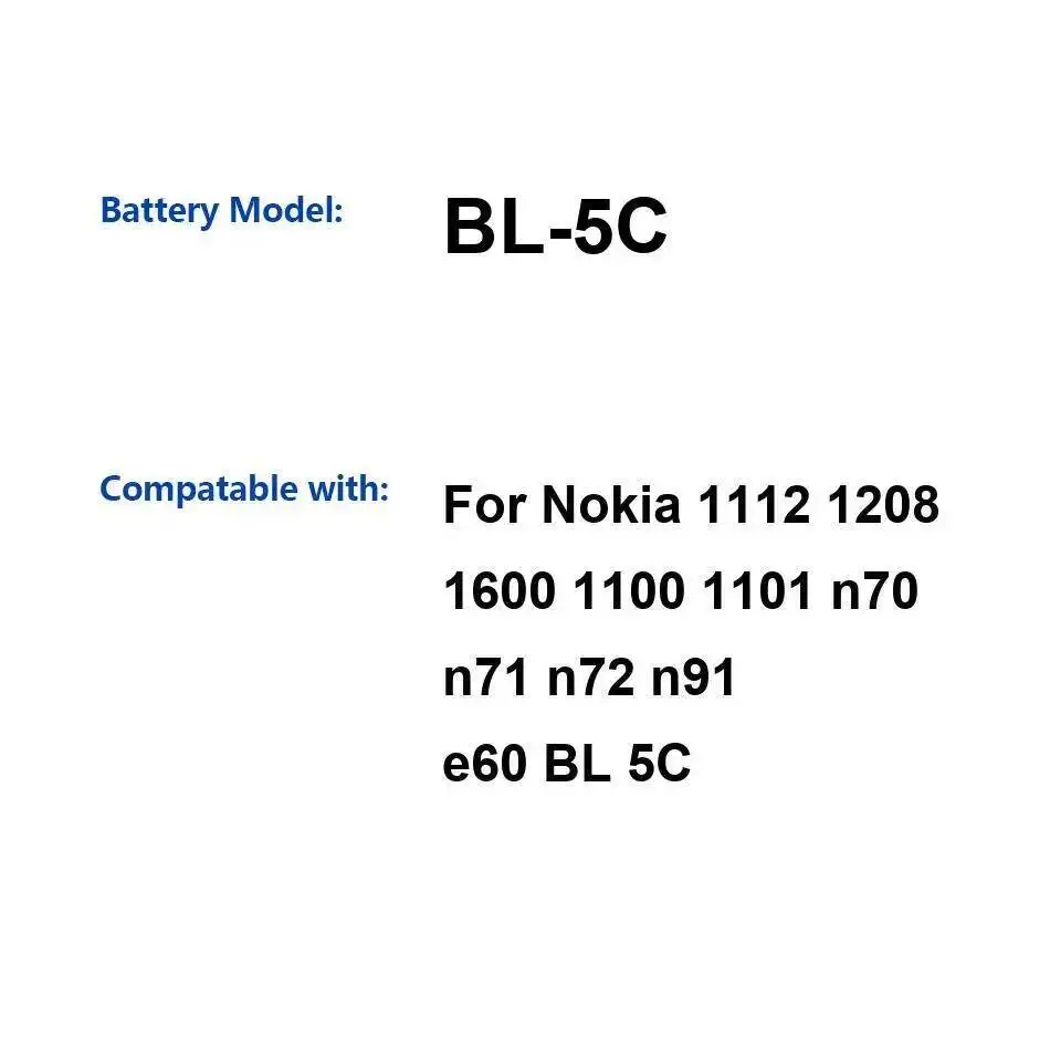 

Mobile Phone Battery 1020Mah Good Low-Temperature Performance BL-5C For Nokia 1112 1208 1600 1100 1101 N70 N71 N72 N91 E60